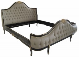 French Louis Carved King Bed Black and Gold Leaf with Ivory Faux Leather