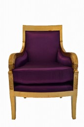 Bergere Empire De Jacob Armchair in Gold Leaf and Purple Satin Fabric