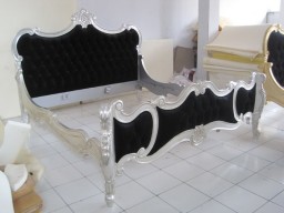 French Louis Carved King Bed Upholstered in Silver Leaf and Black Velvet