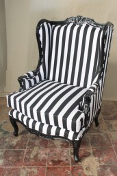 French Bergere Oreiles Louis XV Wing Back Chair in Black Finish, Black and White Stripe Fabric