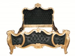 French Louis Carved King Bed in Gold Leaf and Black Velvet Fabric