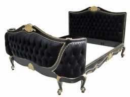 French Louis Carved King Bed Black and Gold Leaf with Black Velvet