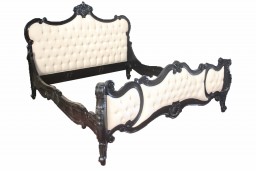French Louis Carved Upholstered King Bed in Black Finish with White Faux Leather