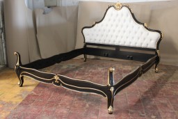 Valley French Louis Carved King Bed Black with Gold Leaf, White Faux Leather 