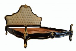 French Louis Carved King Bed Black with Gold Leaf Ivory Leather