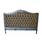 French Louis Carved King Bed Silver Leaf with Beige Leather Upholstery