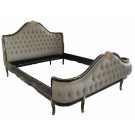 French Louis Carved King Bed Black and Gold Leaf with Ivory Faux Leather