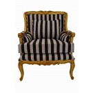 French Bergere Lux Armchair with Black and White Stripe Fabric Gold Leaf Frame