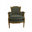 French Bergere Louis XVI Armchair in Gold Leaf and Taupe Stripe Fabric