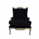 French Bergere Oreiles Louis XV Wing Back Chair in Silver Leaf and Black Velvet