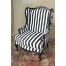 French Bergere Oreiles Louis XV Wing Back Chair in Black Finish, Black and White Stripe Fabric