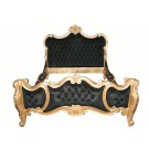 French Louis Carved King Bed in Gold Leaf and Black Velvet Fabric