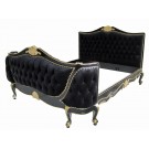 French Louis Carved King Bed Black and Gold Leaf with Black Velvet