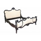 French Louis Carved Upholstered King Bed in Black Finish with White Faux Leather