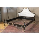 Valley French Louis Carved King Bed Black with Gold Leaf, White Faux Leather 