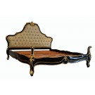 French Louis Carved King Bed Black with Gold Leaf Ivory Leather